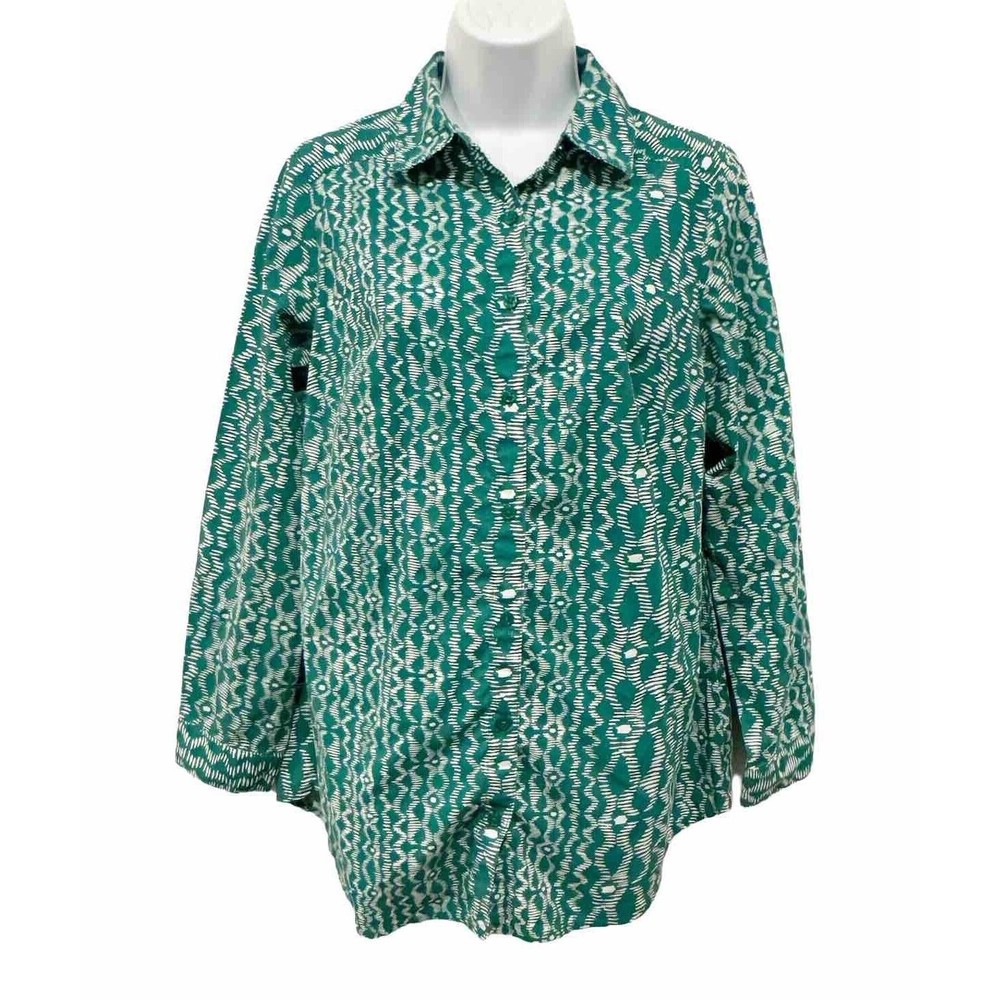 Roaman's Womens Size 14W Green/White Button Up Long Sleeve Shirt St. Patrick’s